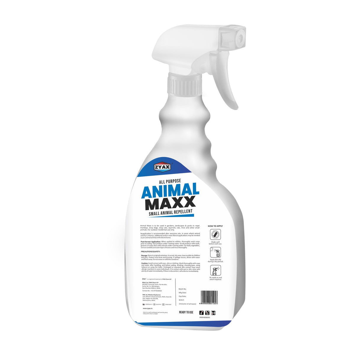 Zyax Animal Maxx 500ml back label with directions for use against monkeys, stray dogs, cats, squirrels and rats