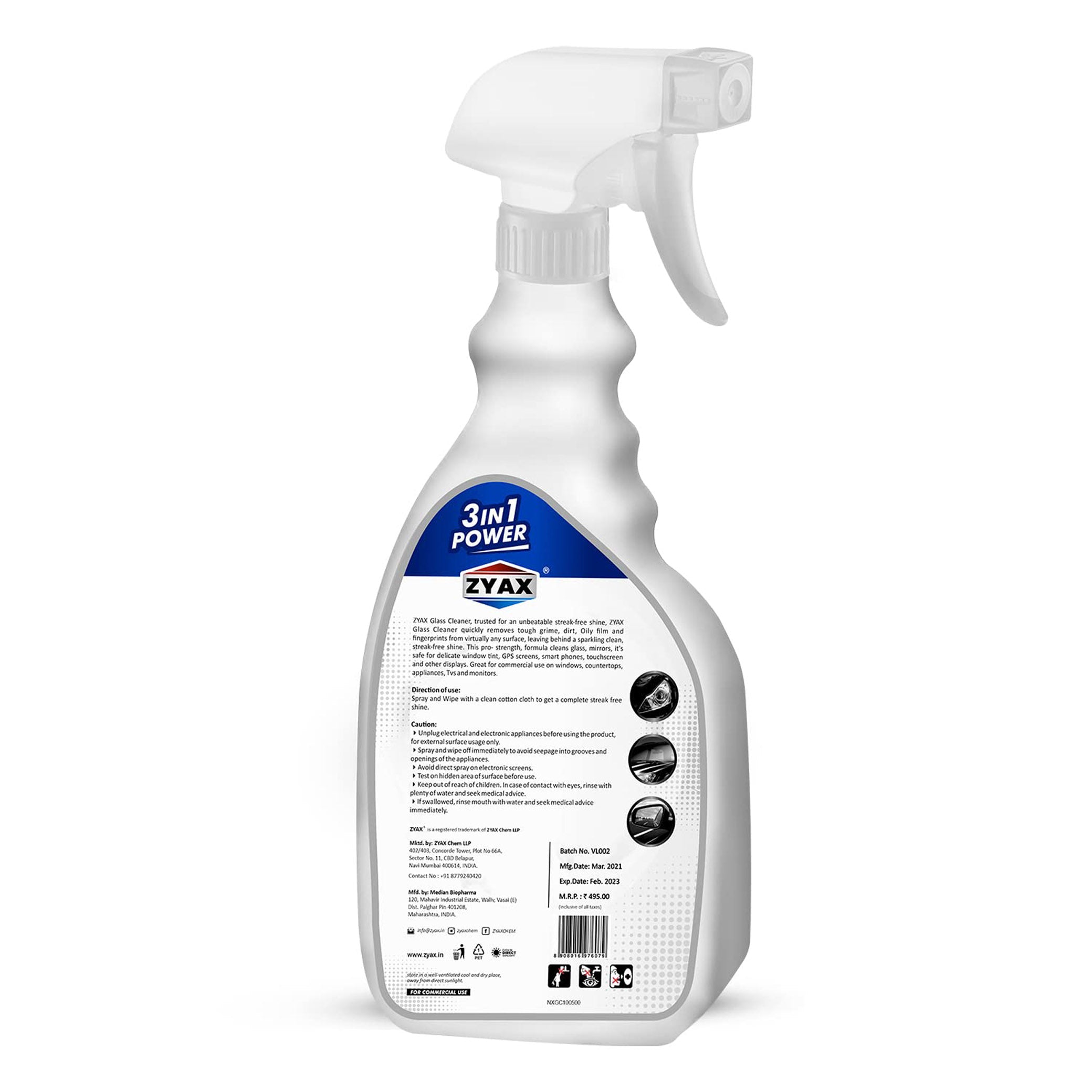 Zyax 3-in-1 Glass Cleaner - 500ml - Zyax.in