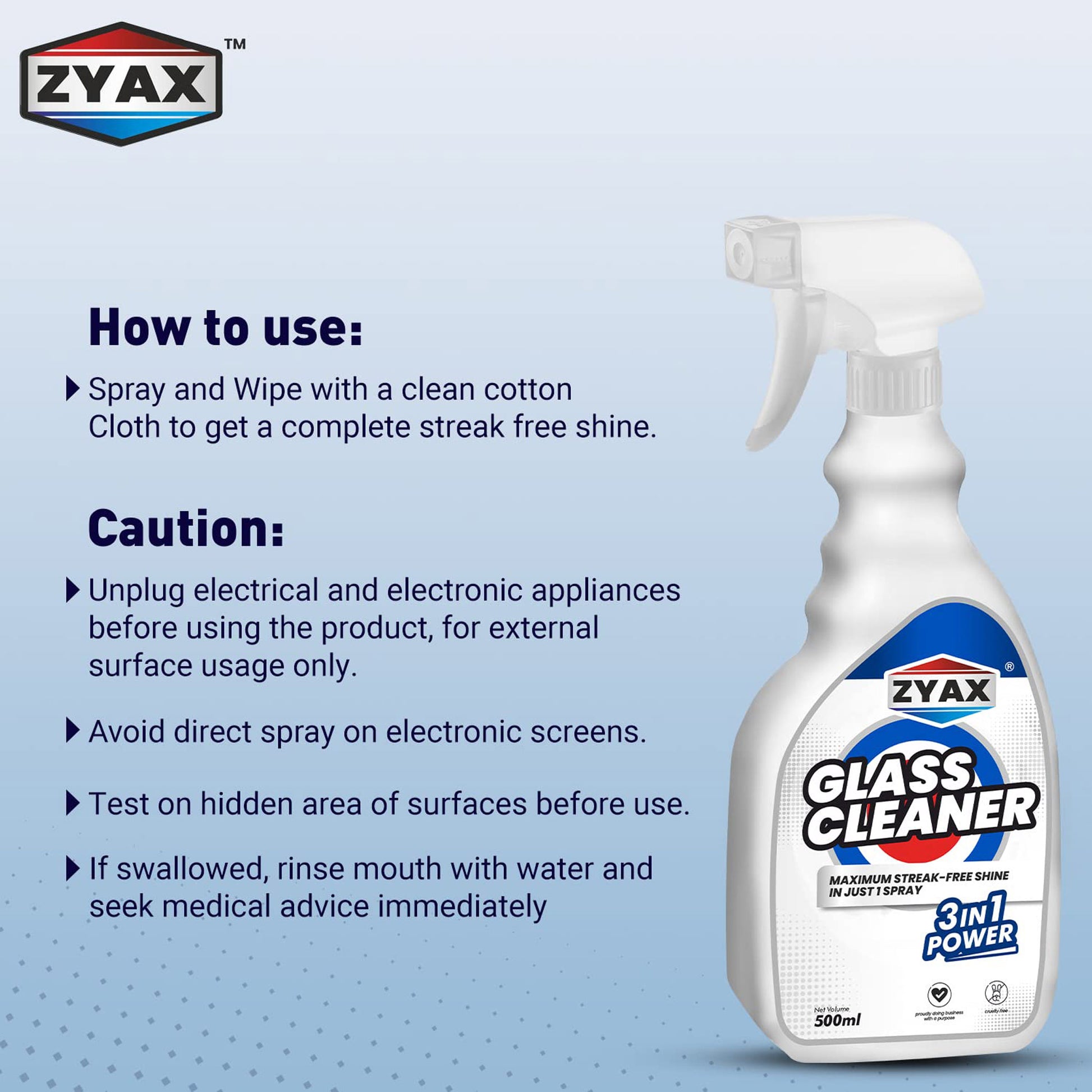 Zyax 3-in-1 Glass Cleaner - 500ml - Zyax.in